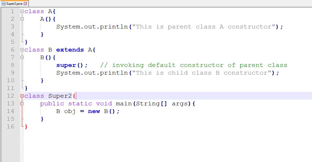 This image describes the program supporting, Using super keyword to invoke immediate parent class constructor.